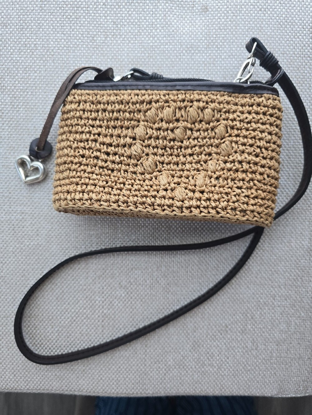Brighton Woven Raffia Crossbody Bag Brown Leather Heart Charm